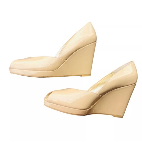 Moda Womens Tan Patent Leather Peep Toe Wedge Slip On Heels Shoes Size 10 - Picture 5 of 10